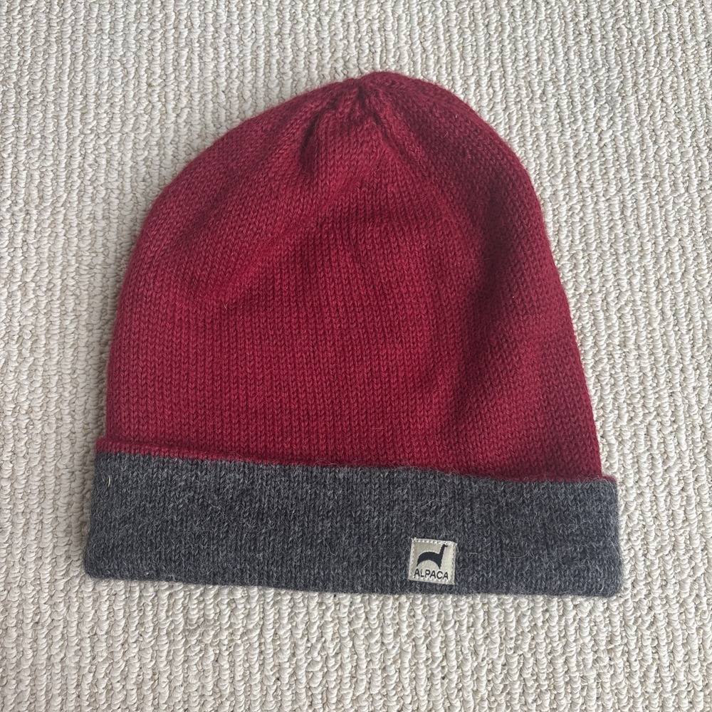 Peruvian Link Alpaca Reversible Winter Beanie knit red grey